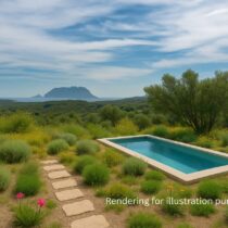 rendering of a sardinia villa on a hill in mediterranean vegetation with a pool