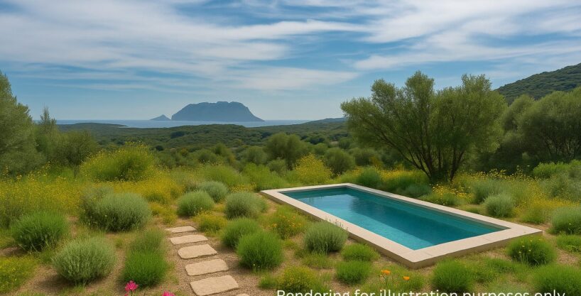 rendering of a sardinia villa on a hill in mediterranean vegetation with a pool