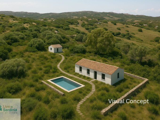 A peaceful view of the sea from your future Sardinian home. This rendering showcases the concept for a coastal villa in Rena Majore — simplicity, serenity, and stunning views.