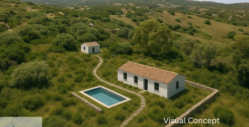 A peaceful view of the sea from your future Sardinian home. This rendering showcases the concept for a coastal villa in Rena Majore — simplicity, serenity, and stunning views.