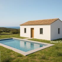 Sea-view rendering through a window, showing a white villa on a stone path surrounded by greenery.