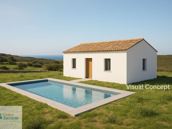 Sea-view rendering through a window, showing a white villa on a stone path surrounded by greenery.