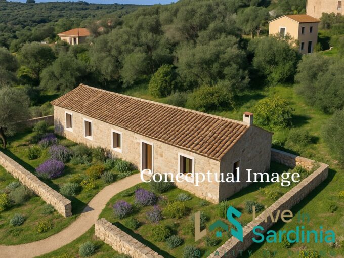 Single-story white Mediterranean house with terracotta roof, surrounded by lavender, aromatic plants, and wild grass, viewed from the si
