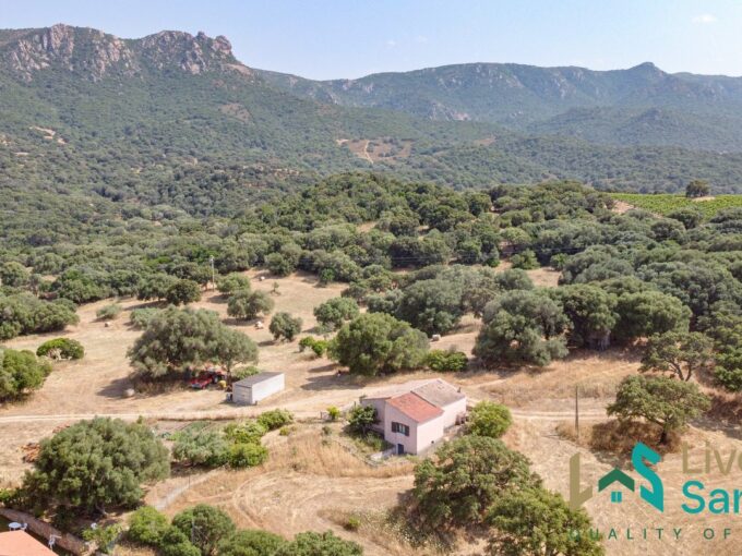Aerial view on Sardinia country home with woodland and grassland around
